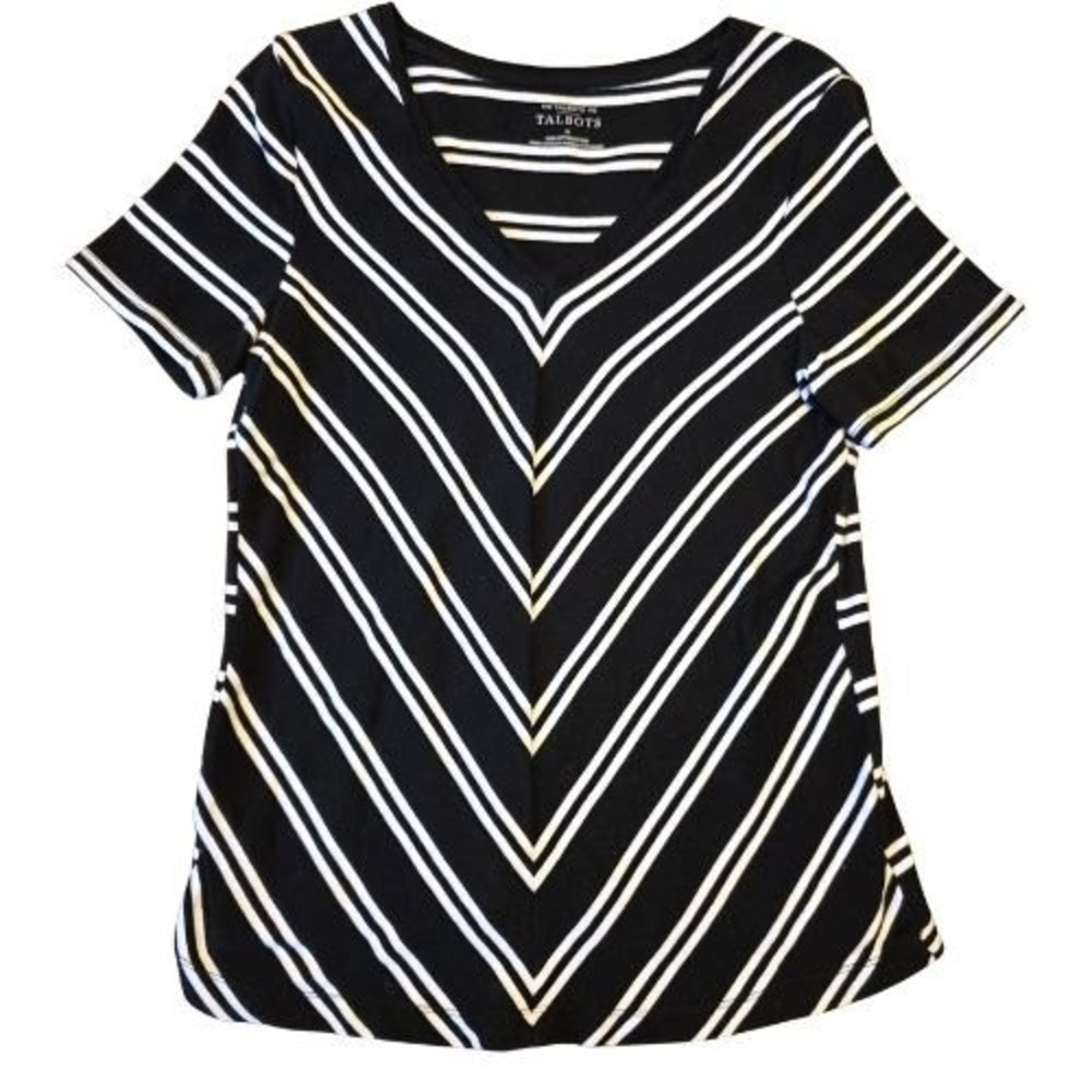Talbots 100% Cotton M Black White Chevron Stripe V-Neck Short Sleeve‎ Career Top